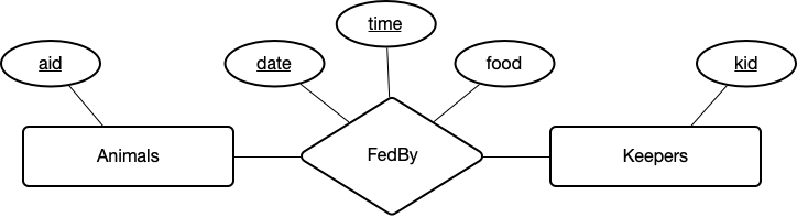 The ER diagram of a many-to-many feeding relationship between animals and keepers
